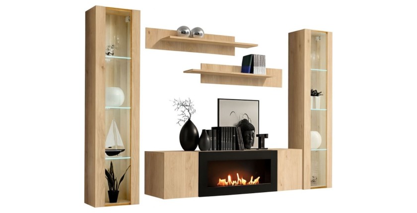 Composition murale vitrée FLY chêne clair fond blanc