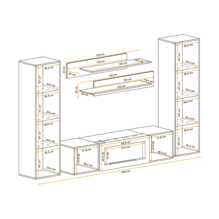 Composition murale partiellement vitrée FLY chêne clair ouverte dimensions